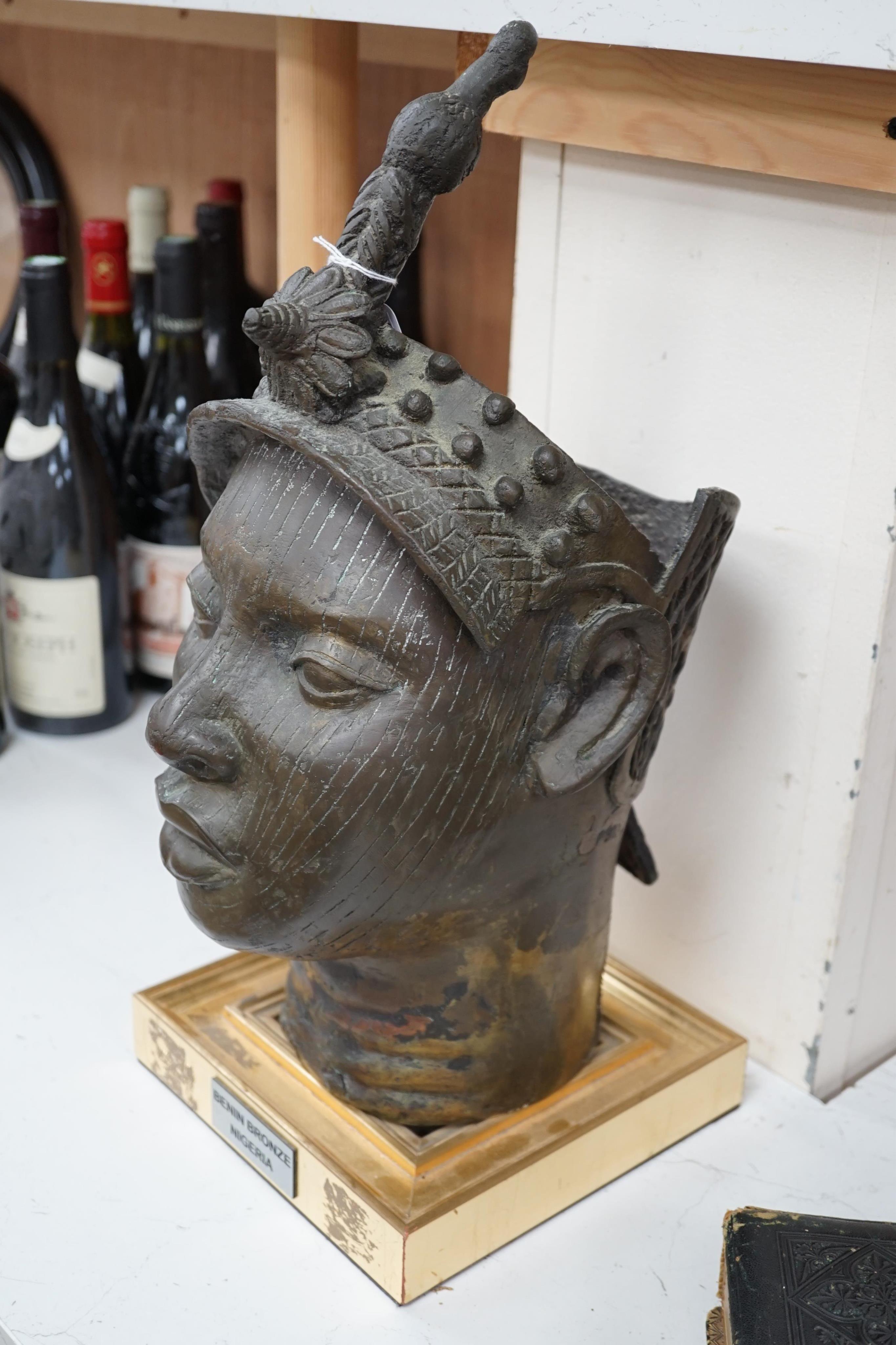 A Benin style bronze head, 42cm high (not including stand). Condition - fair to good